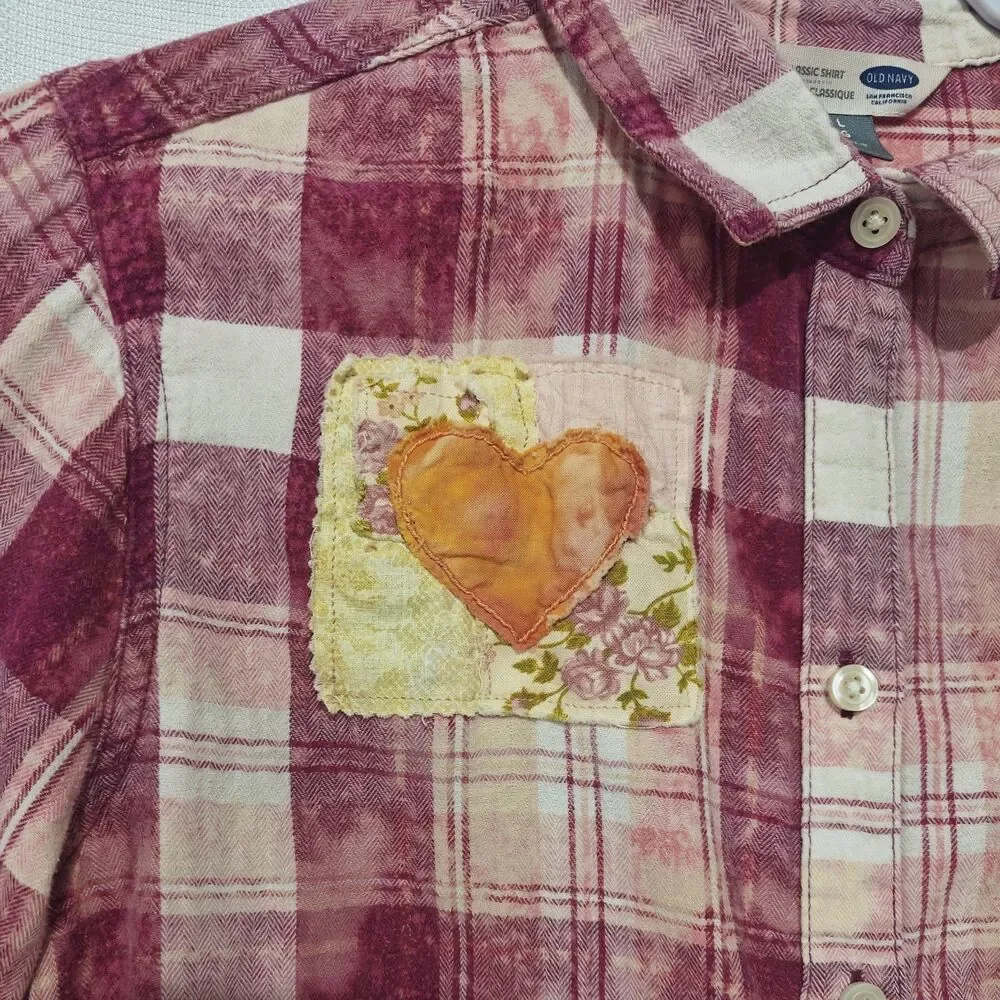 Upcycled Shabby Patchwork Flannel Shirt L Flower Festival Artsy Boho Hippie - Picture 4 of 11
